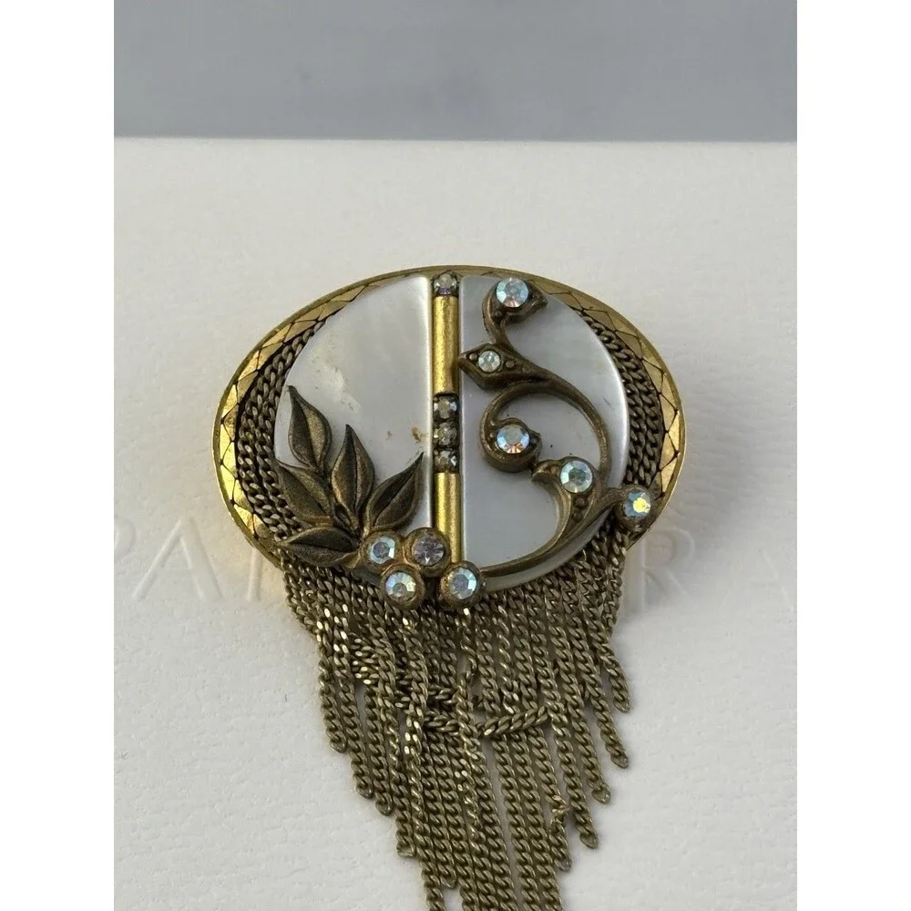 Rare MARENA Hand Made In Germany Gold Plated MOP Tassel Pendant Brooch Art Deco